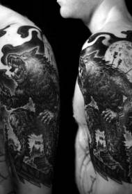 плечо потрясающий стиль иллюстрации черно-белый рисунок татуировки оборотня и луны