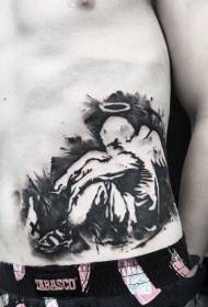 腰部抽象风格黑白天使纹身图案