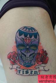 leg European and American style skull rose tattoo pattern