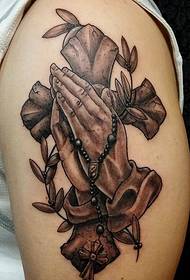 preto-cinza cruz pingente oração mão tatuagem padrão