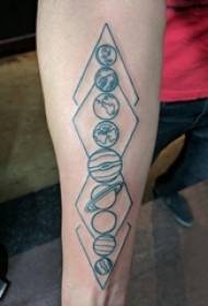 boys arms on black geometric lines round planet tattoo pictures