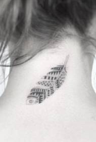 girl behind the neck black gray point tattoo geometric line feather tattoo picture