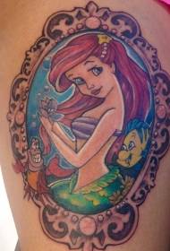 cartoon mermaid and flounder traditional color tattoo pattern