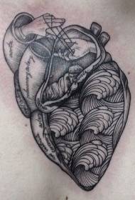 svart linje hjerte og hender bølger tatoveringsmønster