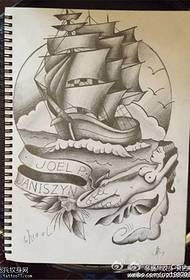 帆船美人鱼纹身手稿图案