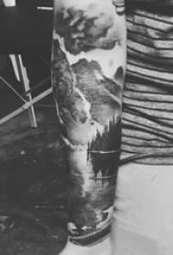 boys black gray point on the arm Thorn abstract line landscape scenery tattoo picture