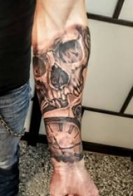 boys arms on black gray point thorn abstract line clock and skull tattoo pictures