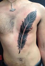 male chest black point sting simple line feather tattoo picture