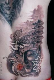 leđa crno-bijeli tajanstveni kip Azije u stilu kuće s uzorkom tetovaže