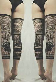 a set of very creative black and white stitching totem tattoos