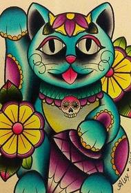 цветное изображение картины татуировки счастливый кот