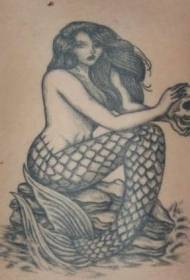 Čierna morská víla tetovanie vzor s lebkou