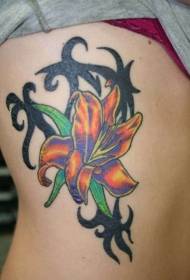 waist side colored lily with tribal flower tattoo pattern