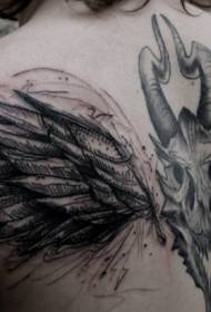 back Black demon goat skull and wings tattoo pattern