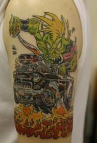 Patrón de tatuaxe de monstro verde e cor do coche