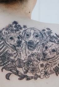nugaros graviravimo stiliaus juodų šunų šeima ir laukinių gėlių tatuiruotės modelis