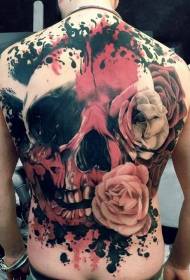 full back black and red skull rose tattoo pattern