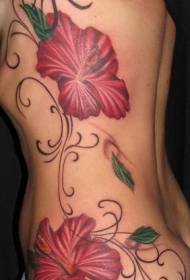 female waist side dark red hibiscus tattoo pattern