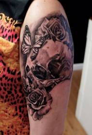 Arms good black skull with butterfly floral tattoo pattern