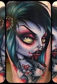 padrão de tatuagem de boneca maldita sangrenta colorida de estilo dos desenhos animados