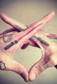 blue and red lightsaber finger tattoo pattern