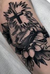 engraving style black raccoon cross tattoo pattern
