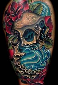 new school color skull flower with blue heart tattoo pattern