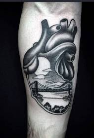 rokas melna sirds ar tilta ainavas tetovējuma modeli