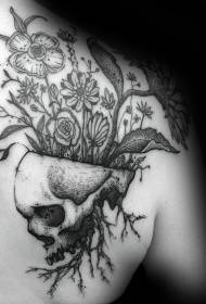 臂部雕刻风格黑色骷髅花朵纹身图案