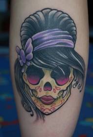 cute skull with black hair tattoo pattern