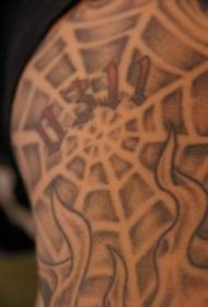 black gray spider web with red symbol tattoo pattern