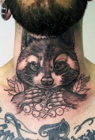Neck black raccoon and berry tattoo pattern