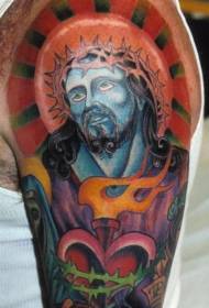 Shoulder colored sacred heart with Jesus tattoo pattern