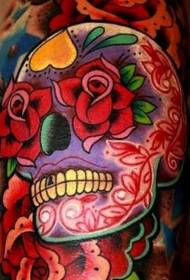 arm colored sugar skull with red rose tattoo pattern