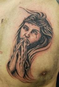 Chest Pray of Christ and Thorn Crown Tattoo Pattern