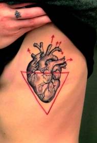黑色心脏和红色三角形侧肋纹身图案