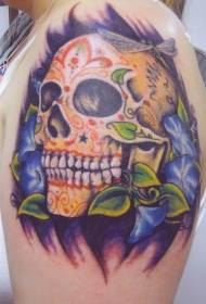 Arm Color skull and Blue Flower Tattoo Pattern
