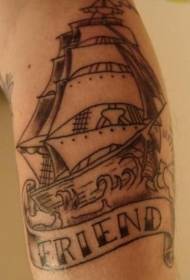 Sea Sailboat with Letter Black Gray Tattoo Pattern