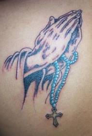 Praying Hands with Blue Beads Cross Tattoo Pattern