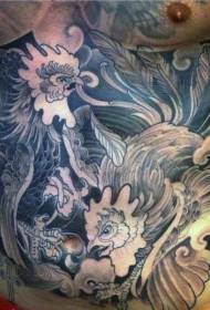 Patrón de tatuaje de gallo de pelea en blanco y negro de abdomen