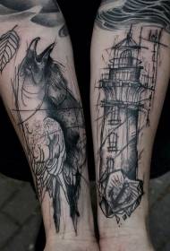 arm sketch style black lighthouse and crow tattoo pattern