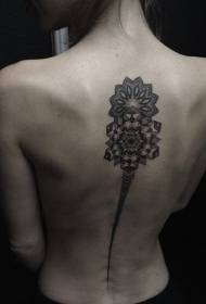 背部黑色部落花卉脊柱纹身图案