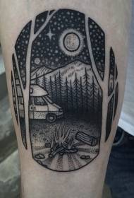small arm simple black oval with night sky camping tattoo pattern