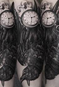 engraving style black crow and clock tattoo pattern