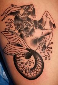 thigh old school black fishtail capricorn tattoo pattern