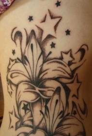 side rib lily ຮູບແບບ tattoo ສີ ດຳ ພ້ອມດອກໄມ້ແລະດວງດາວ