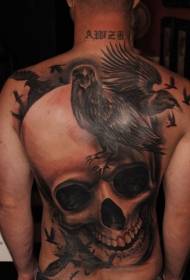 full back realistic skullAnd black crow tattoo pattern