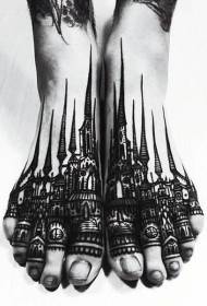 Intensive Black Ancient City Architectural Tattoo Pattern