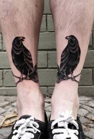 ankle pair of black crows with cross-line tattoo pattern