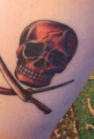 腿部红色骷髅十字工具纹身图案